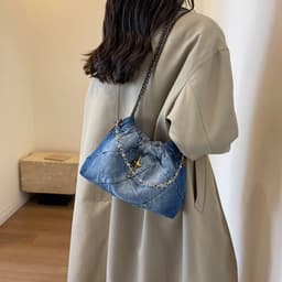 image-Denim Women's Bag Denim Blue Woven Chain Messenger Bag Rhombic Embroidery Thread