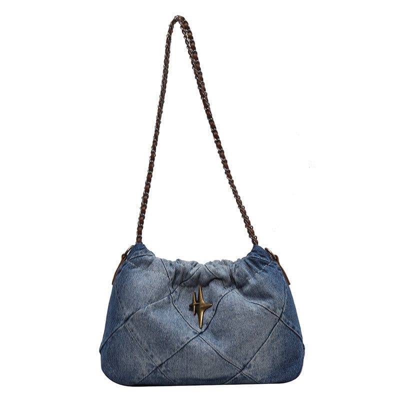 image-Denim Women's Bag Denim Blue Woven Chain Messenger Bag Rhombic Embroidery Thread