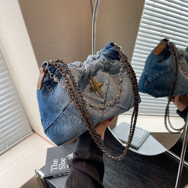 image-Denim Women's Bag Denim Blue Woven Chain Messenger Bag Rhombic Embroidery Thread