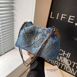 image-Denim Women's Bag Denim Blue Woven Chain Messenger Bag Rhombic Embroidery Thread