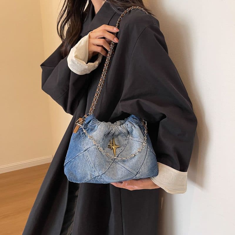 image-Denim Women's Bag Denim Blue Woven Chain Messenger Bag Rhombic Embroidery Thread