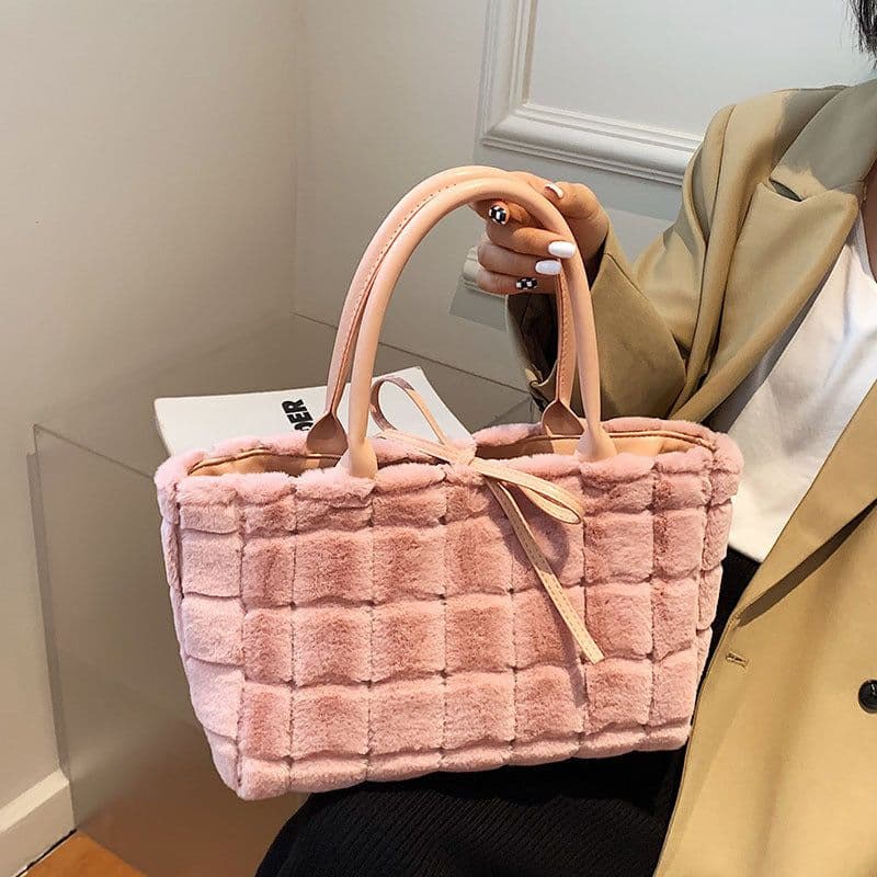 image-Sweet Small Square Bag Plush Plaid Portable Women
