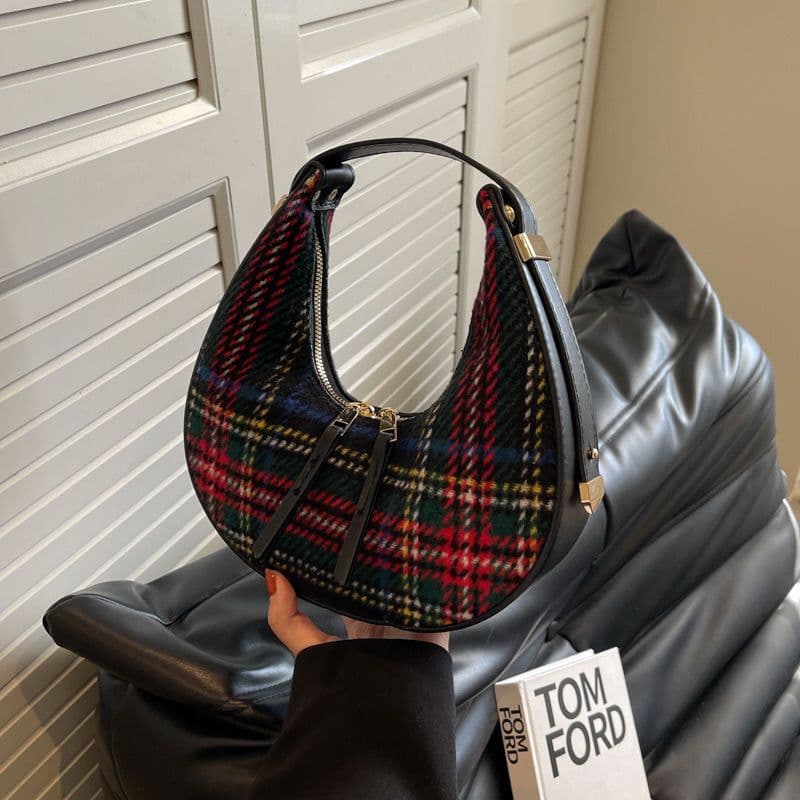 image-Women's Fashion Color Contrast Plaid Retro Hand Carrying Dumpling Bag