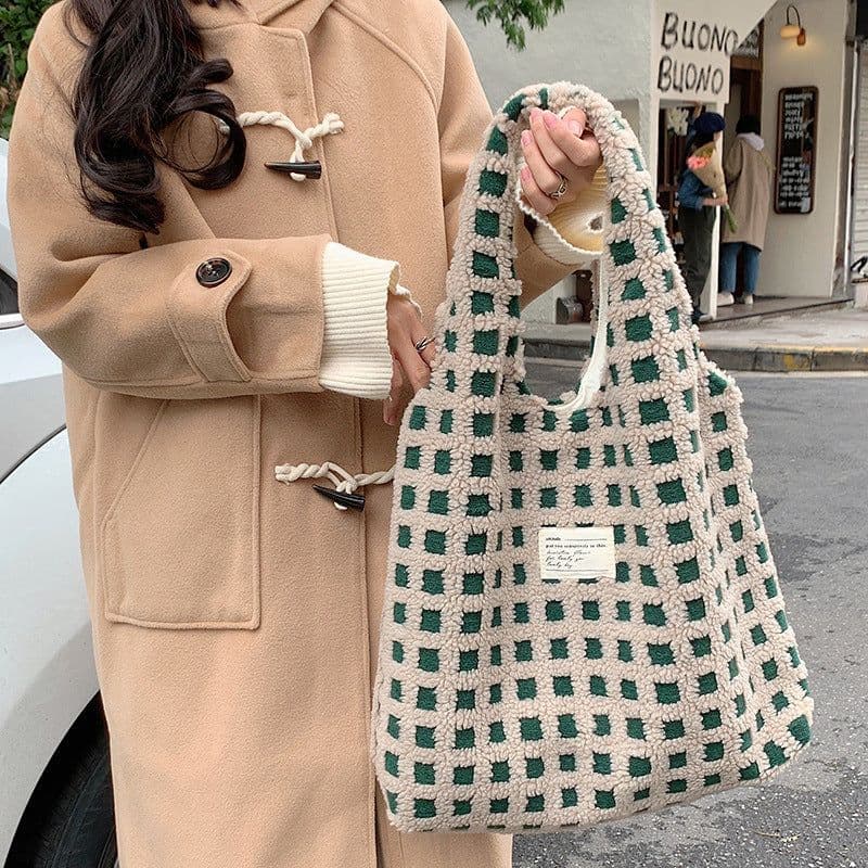 image-Waffle Flannel Bag Tote Bag Large Capacity Commute Minimalist Student Class Bag