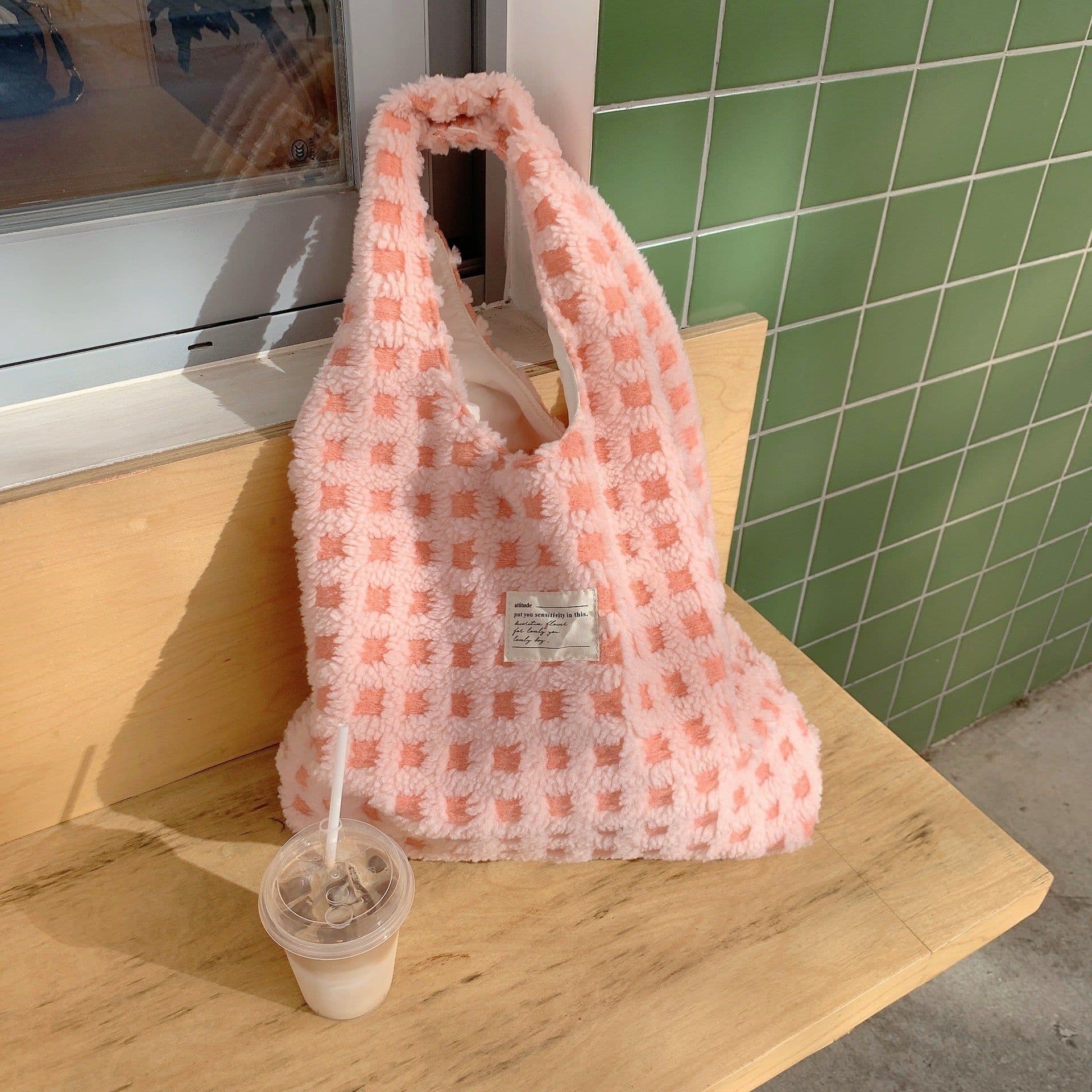 image-Waffle Flannel Bag Tote Bag Large Capacity Commute Minimalist Student Class Bag