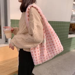 image-Waffle Flannel Bag Tote Bag Large Capacity Commute Minimalist Student Class Bag