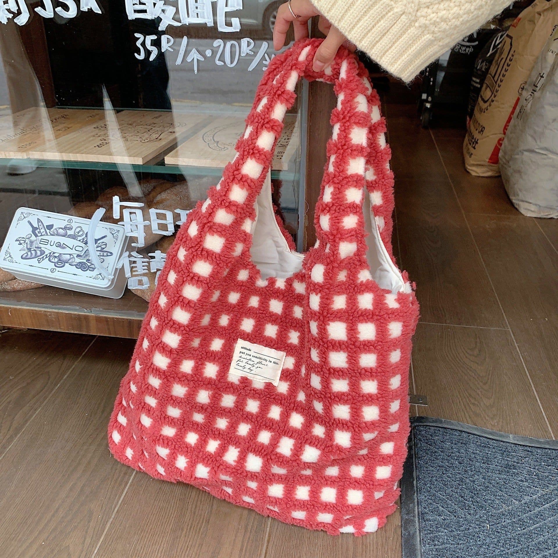 image-Waffle Flannel Bag Tote Bag Large Capacity Commute Minimalist Student Class Bag