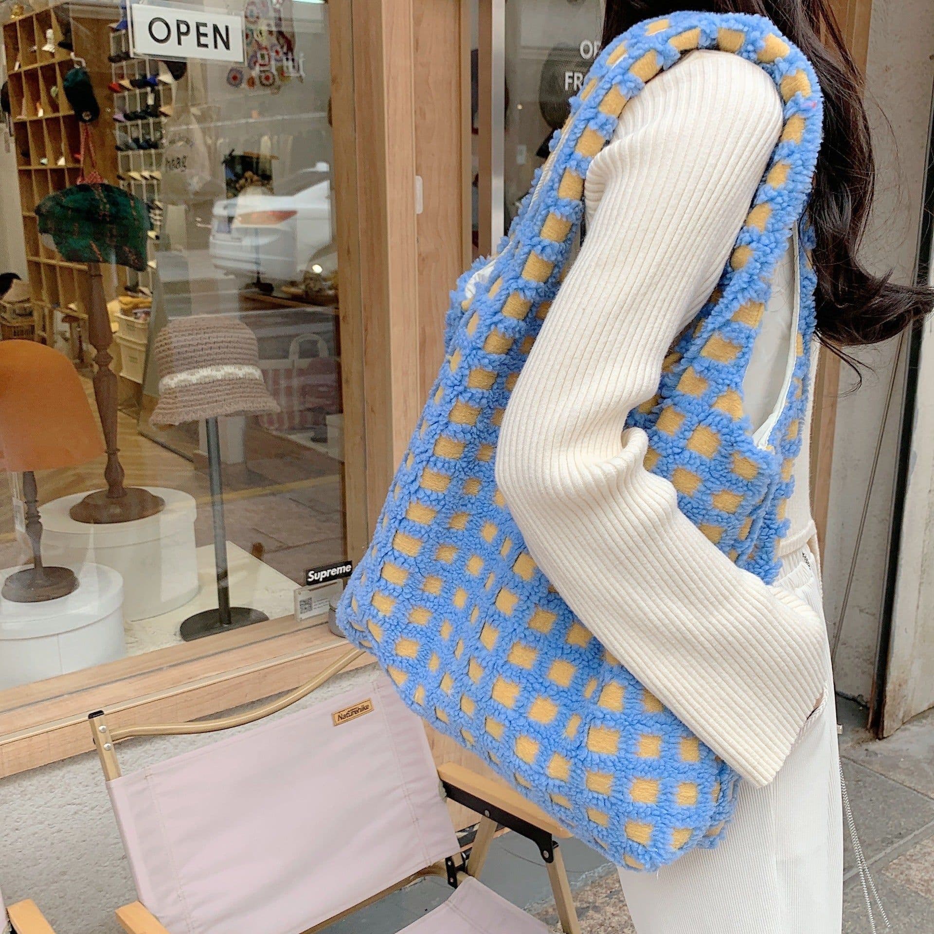 image-Waffle Flannel Bag Tote Bag Large Capacity Commute Minimalist Student Class Bag