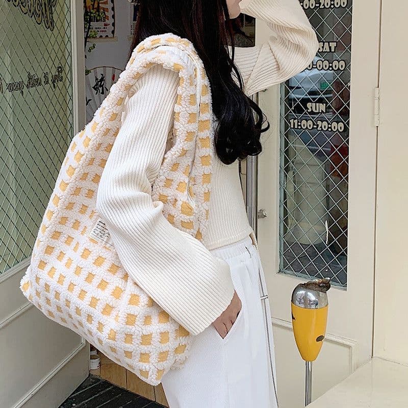 image-Waffle Flannel Bag Tote Bag Large Capacity Commute Minimalist Student Class Bag