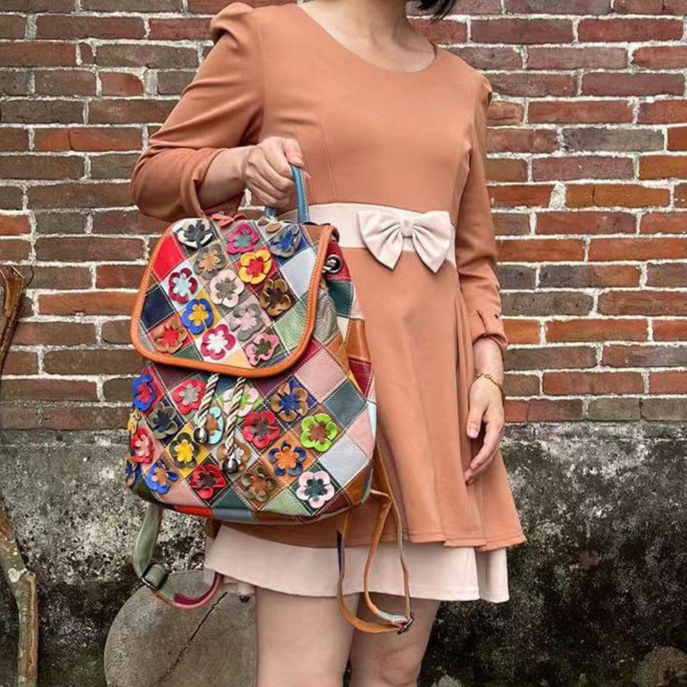 image-Women's Fashion Casual Rhombus Color Matching Leather Backpack