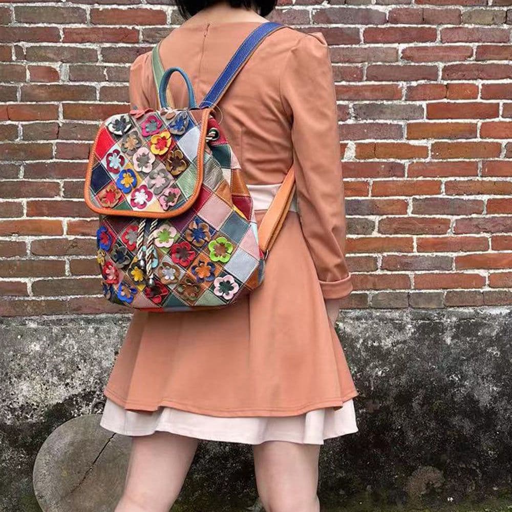 image-Women's Fashion Casual Rhombus Color Matching Leather Backpack