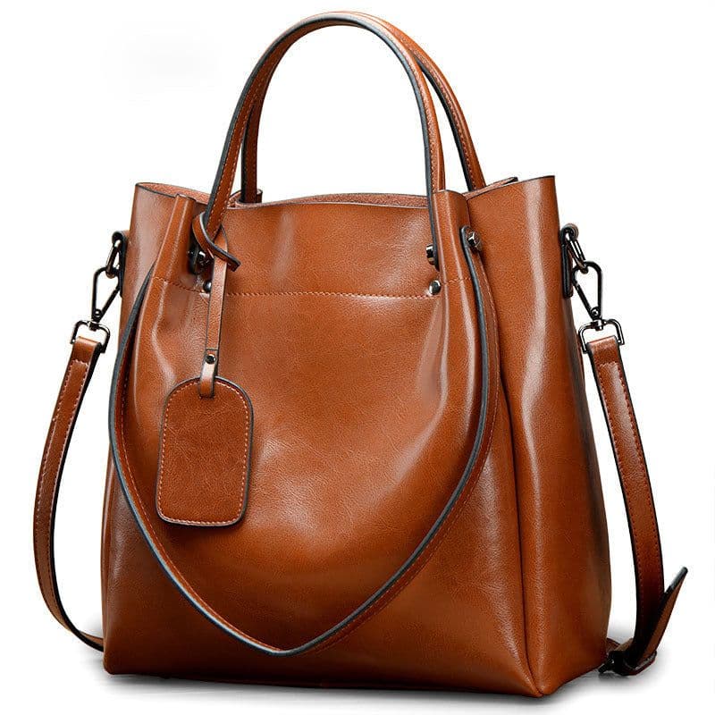 image-Women's Fashion Simple Portable Oil Wax Cattle Leather Bag