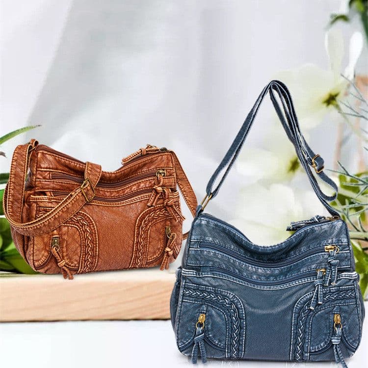 image-Women's Retro Fashionable Washed Leather Woven Shoulder Messenger Bag