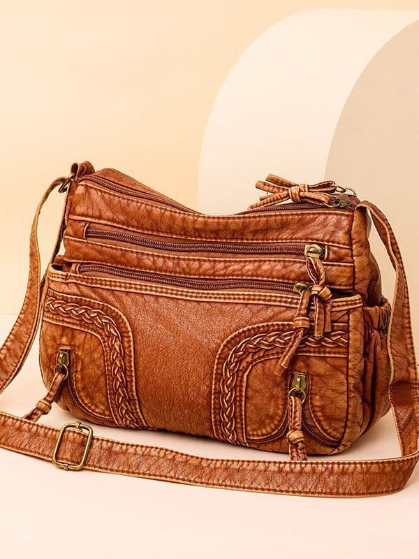 image-Women's Retro Fashionable Washed Leather Woven Shoulder Messenger Bag