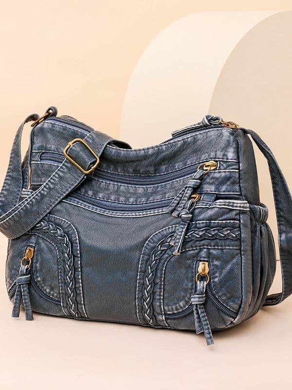 image-Women's Retro Fashionable Washed Leather Woven Shoulder Messenger Bag