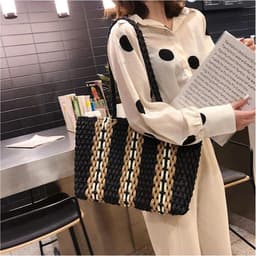 image-Large Zipper Woven Straw Handbag Casual Large Shoulder Women's Shopping Bag