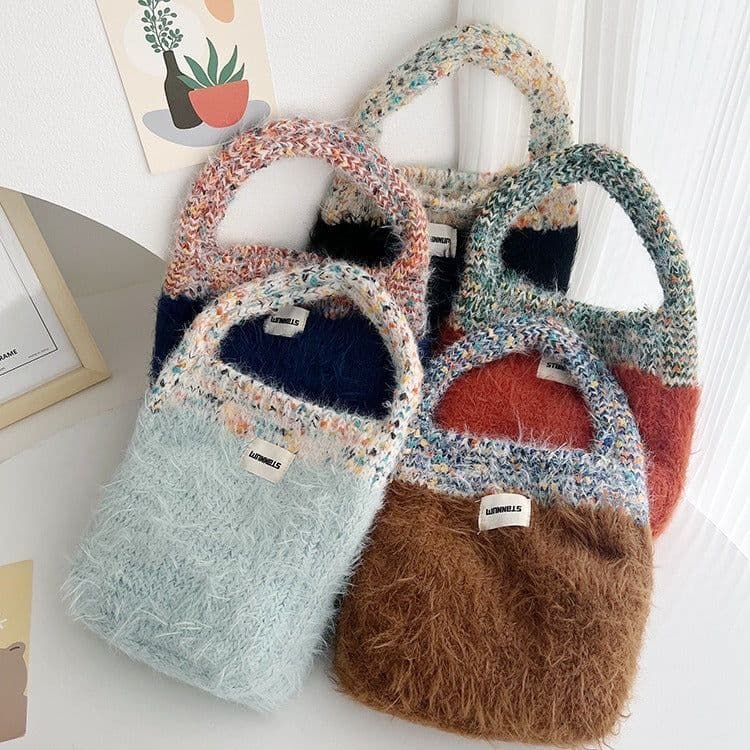 image-Maillard Color Fur Bag Exquisite Cute Portable Korean Style New Contrast Color Knitted All-matching