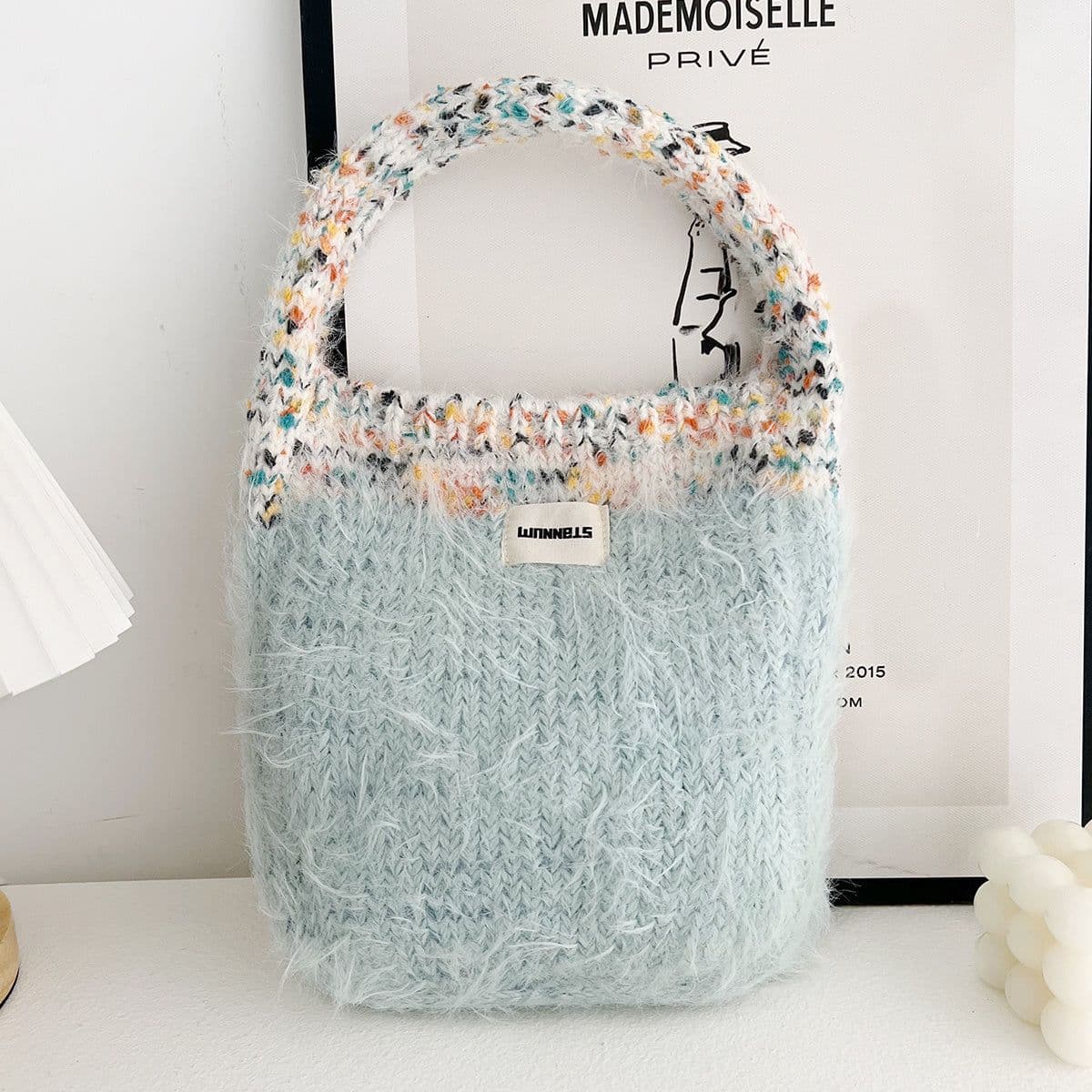 image-Maillard Color Fur Bag Exquisite Cute Portable Korean Style New Contrast Color Knitted All-matching