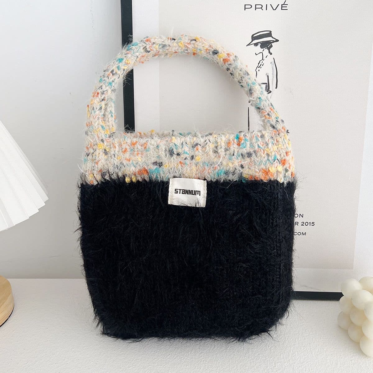 image-Maillard Color Fur Bag Exquisite Cute Portable Korean Style New Contrast Color Knitted All-matching