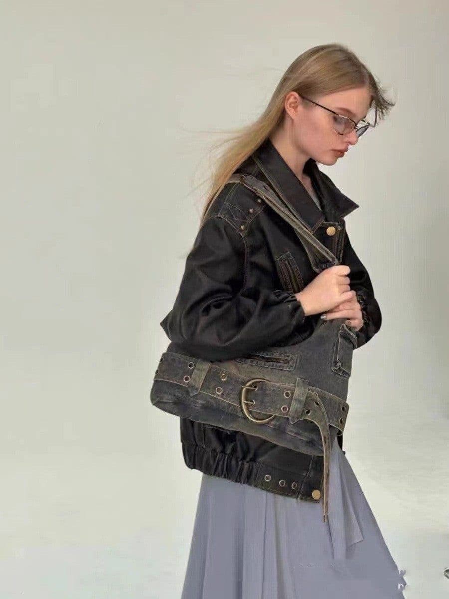 image-Washed Denim Underarm Bag Women's Large Capacity Retro