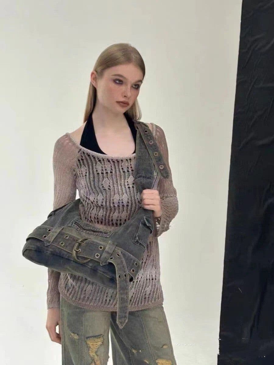 image-Washed Denim Underarm Bag Women's Large Capacity Retro
