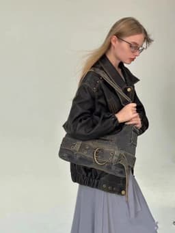 image-Washed Denim Underarm Bag Women's Large Capacity Retro