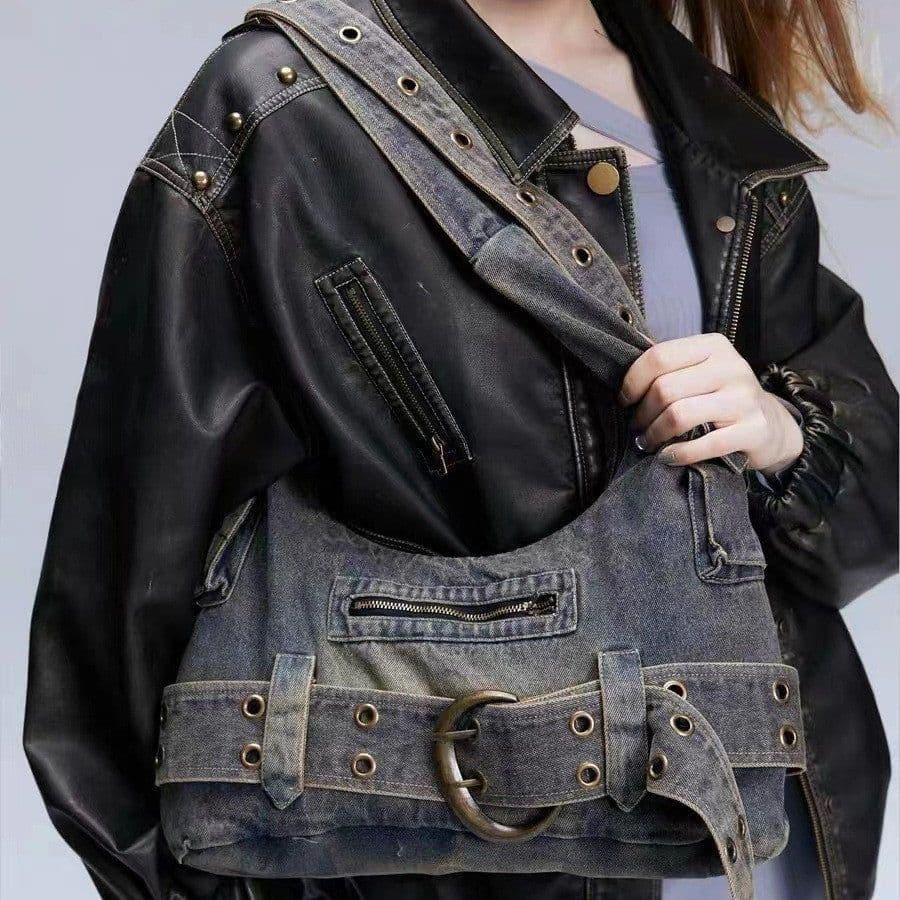 image-Washed Denim Underarm Bag Women's Large Capacity Retro