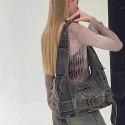 image-Washed Denim Underarm Bag Women's Large Capacity Retro