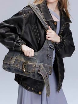 image-Washed Denim Underarm Bag Women's Large Capacity Retro