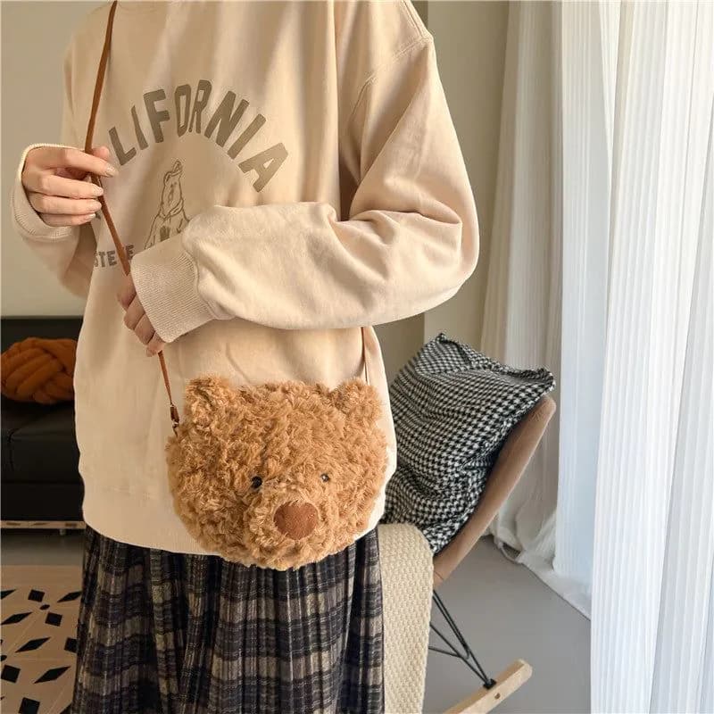 image-Brown Series Cute Furry Bear Messenger Bag For Girls