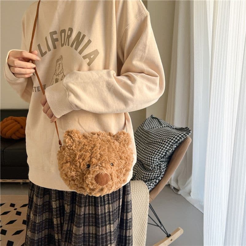 image-Brown Series Cute Furry Bear Messenger Bag For Girls