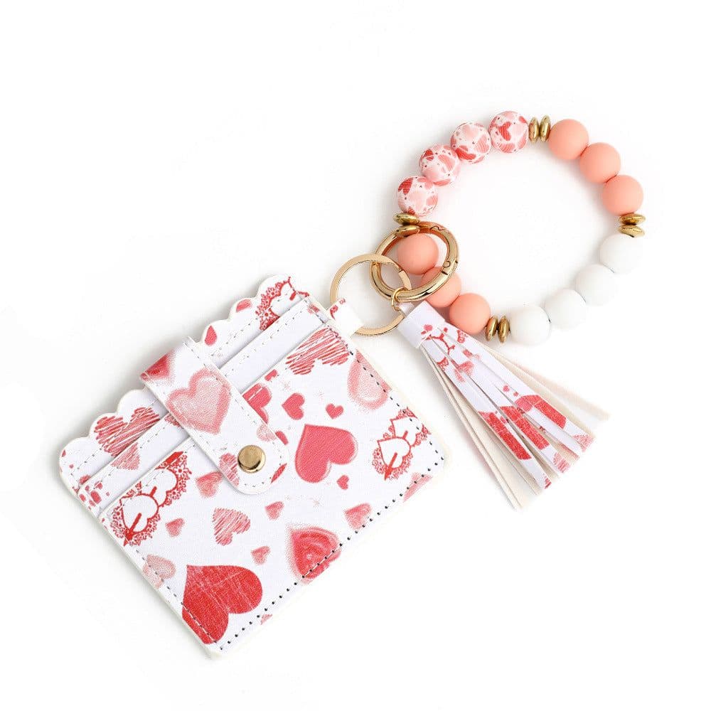 image-Love Polyurethane Card Holder Silica Gel Key Chain European And American Printed Silicone Beads Bracelet Women's Wallet