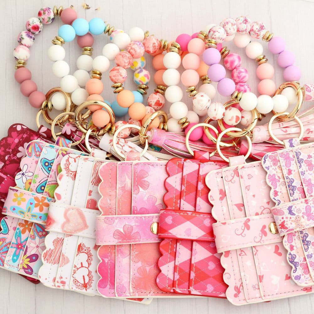 image-Love Polyurethane Card Holder Silica Gel Key Chain European And American Printed Silicone Beads Bracelet Women's Wallet