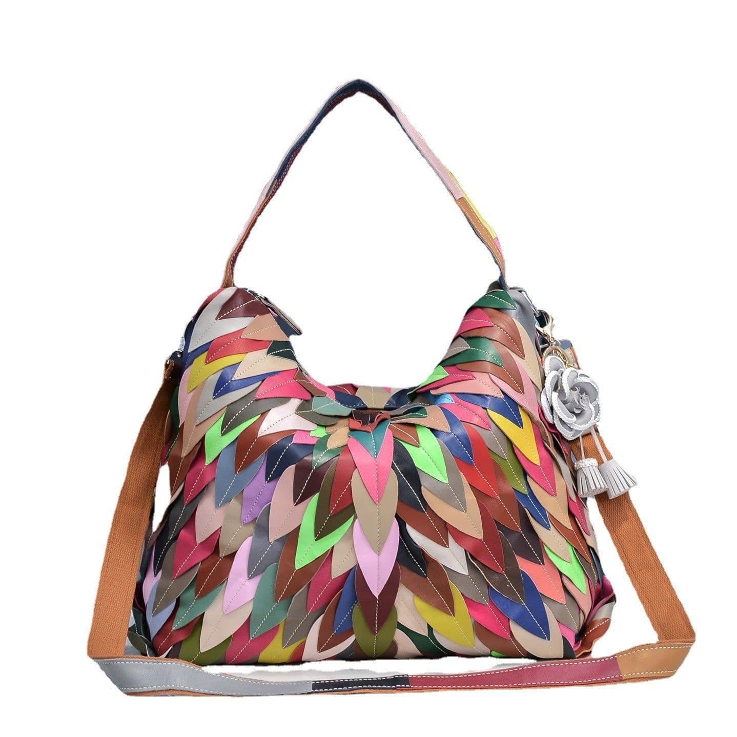 image-Women's Fashion Large Capacity Soft Leather Leaf Stitching Shoulder Bag