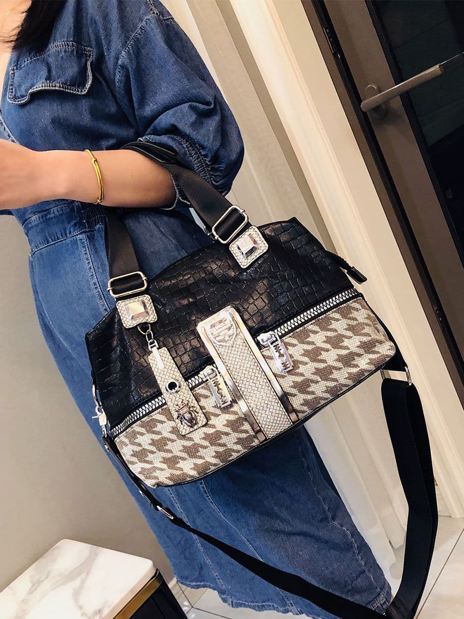 image-Female Houndstooth Contrast Color Large-capacity Crossbody Bag