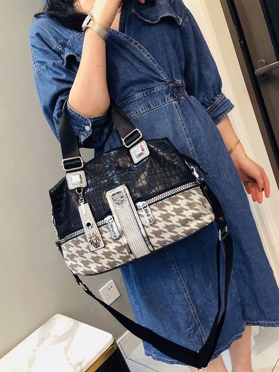 image-Female Houndstooth Contrast Color Large-capacity Crossbody Bag