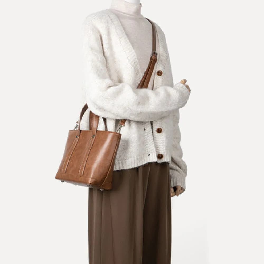 image-Portable Oil Wax Leather Simple Casual Korean Style Large Capacity Bag