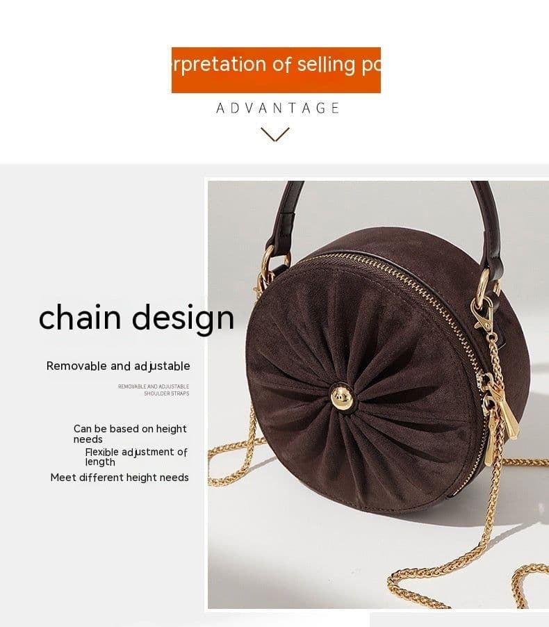 image-Advanced Sense Classic Style Round Pie Bag Genuine Leather Bag Metal Chain