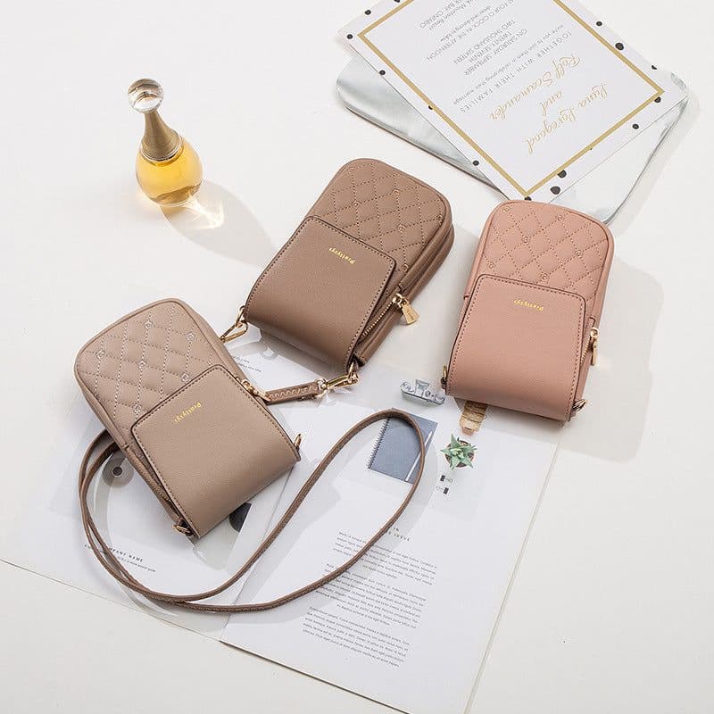 image-Plaid Sewing Design Mobile Phone Bags For Women Simple Buckle Multifunctional Crossbody Shoulder Bag