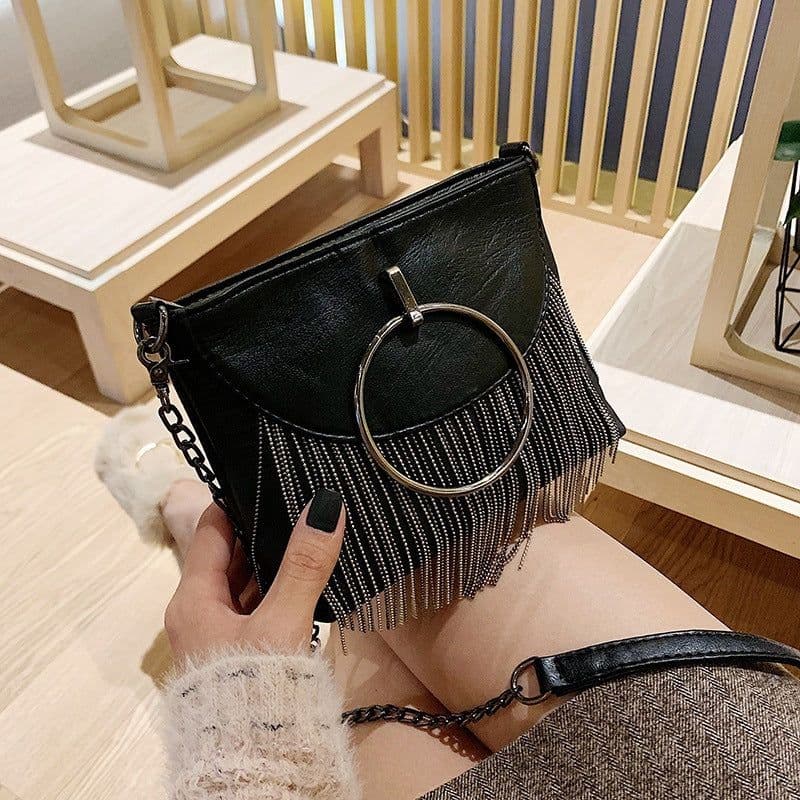 image-Handbag Women's Rivet Tassel Shoulder Crossbody Chain Bag