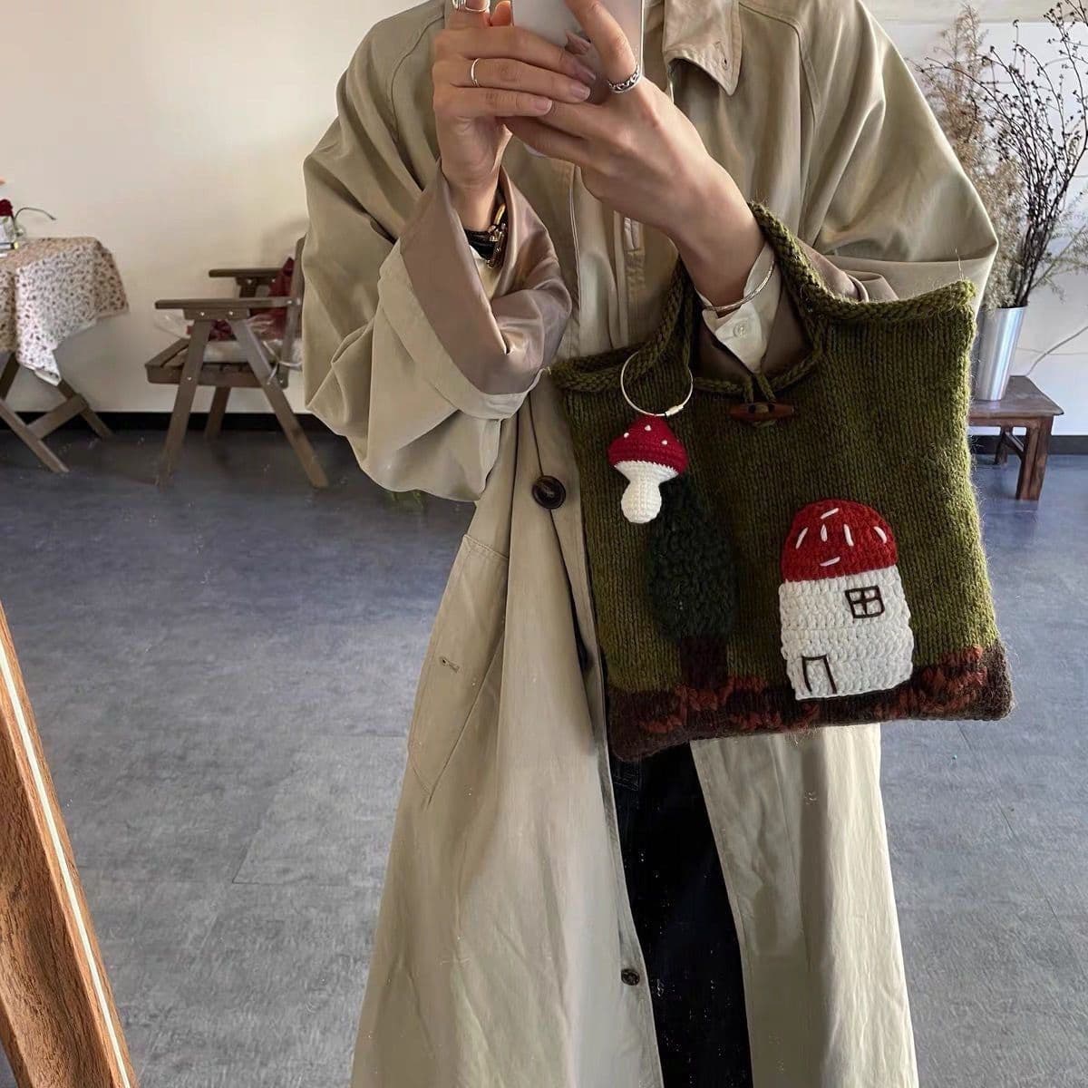image-Mushroom House Handmade Wool Weave Vintage Cute Handbag Ladies