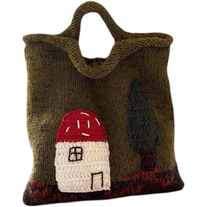 image-Mushroom House Handmade Wool Weave Vintage Cute Handbag Ladies