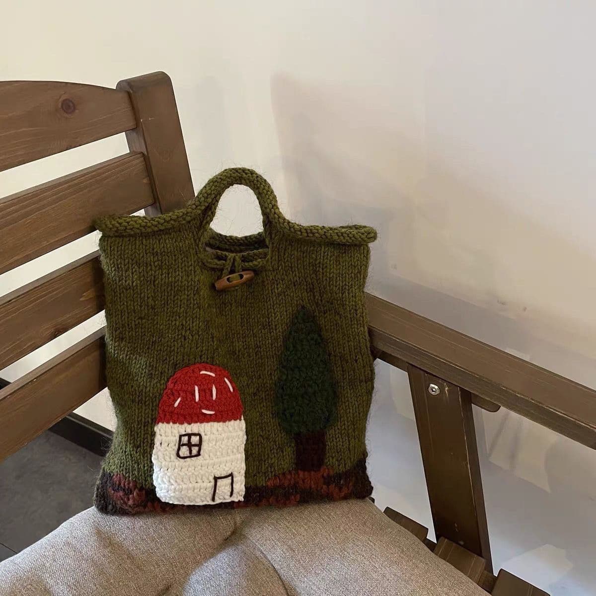 image-Mushroom House Handmade Wool Weave Vintage Cute Handbag Ladies
