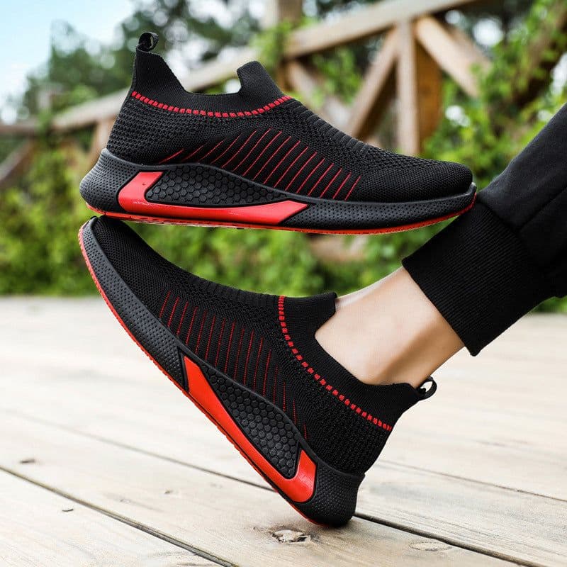 image-Fashion Mesh Sock Shoes With Striped Design Men Outdoor Breathable Slip-on Sneakers Csuale Lightweight Running Sports Shoes