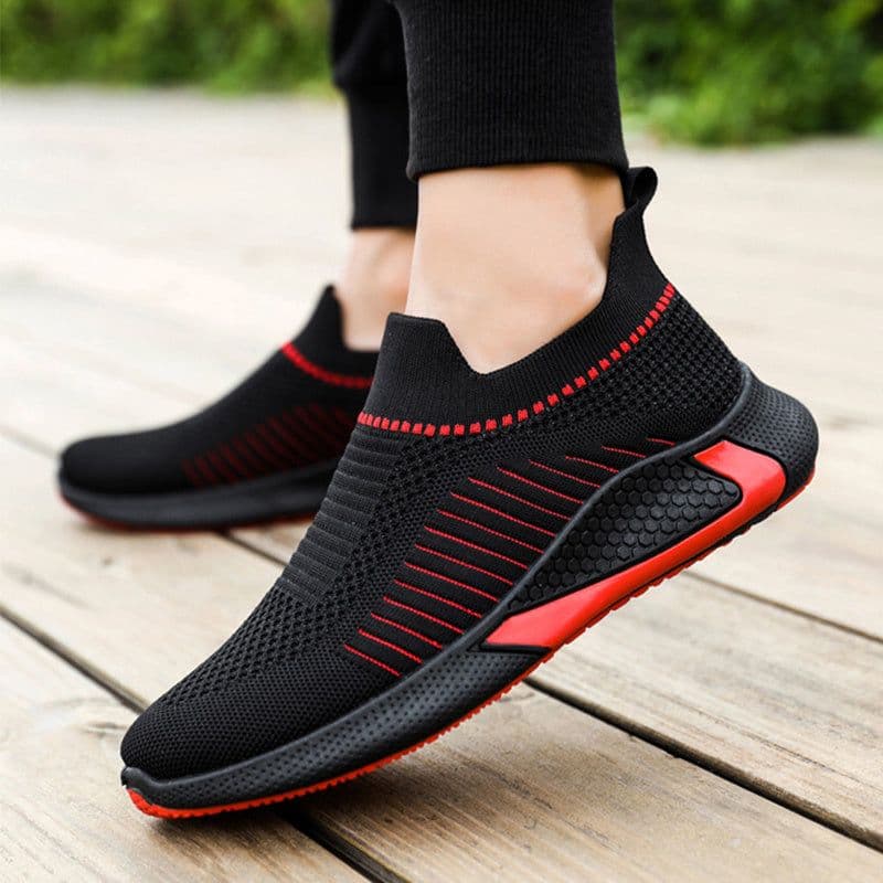 image-Fashion Mesh Sock Shoes With Striped Design Men Outdoor Breathable Slip-on Sneakers Csuale Lightweight Running Sports Shoes