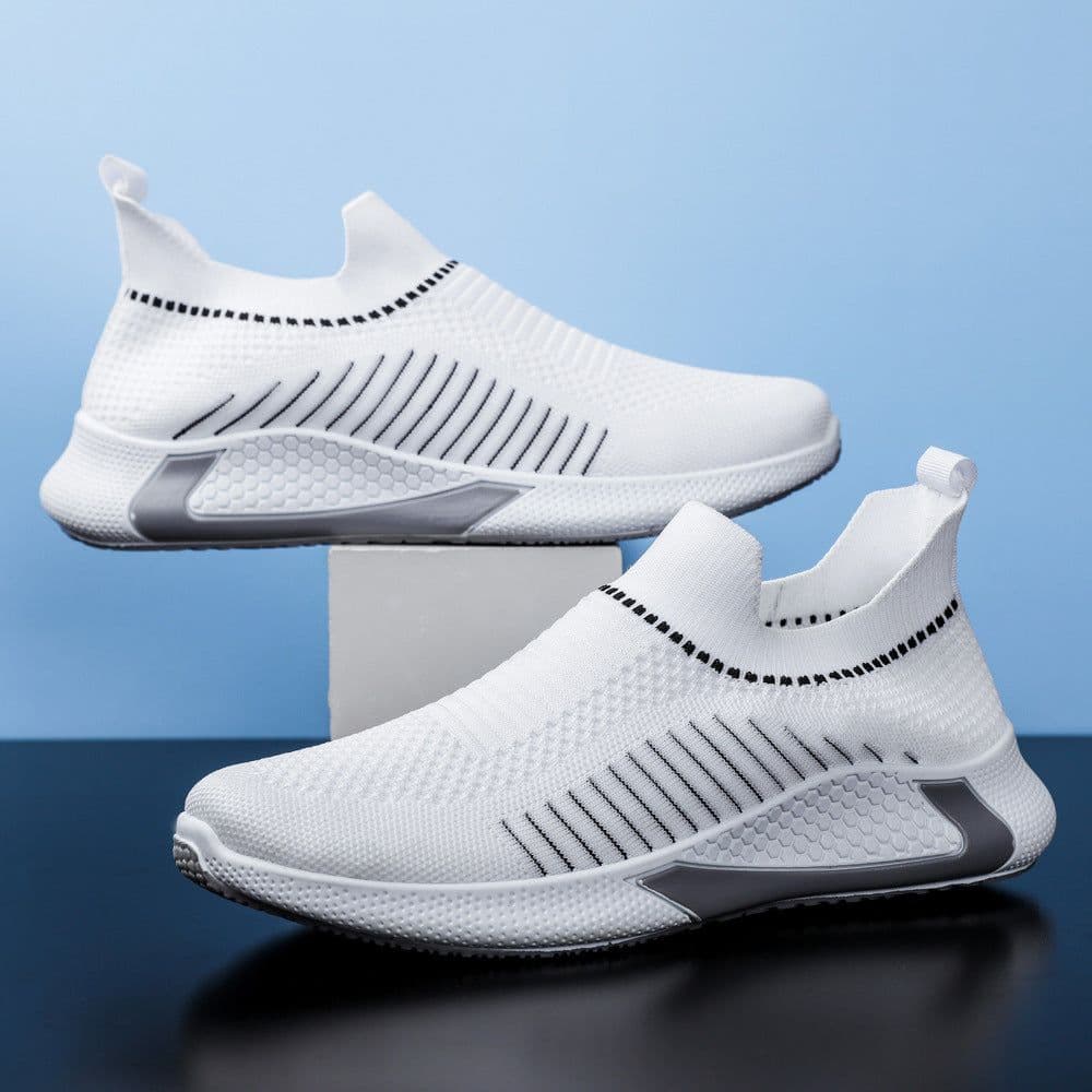 image-Fashion Mesh Sock Shoes With Striped Design Men Outdoor Breathable Slip-on Sneakers Csuale Lightweight Running Sports Shoes
