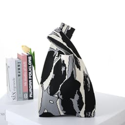 image-Contrast Color Striped Checkerboard Knitted Shopping Handbag