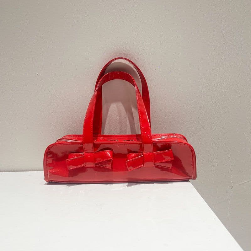 image-Japanese Cute Patent Leather Glossy Bow Decoration Baguette Bag