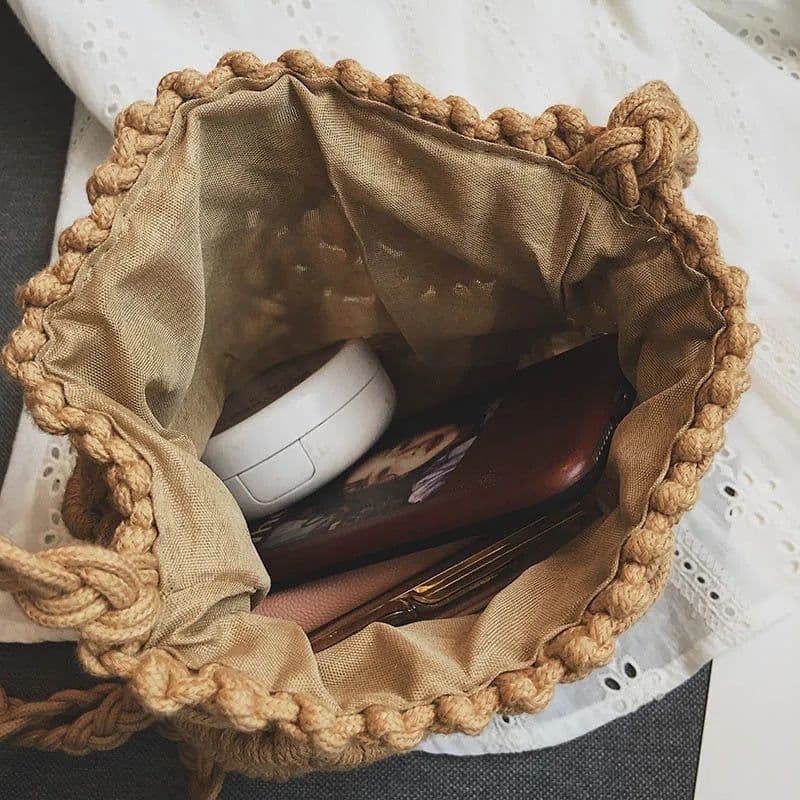 image-Women's Round Diagonal Cotton Crochet Tassel Small Bag