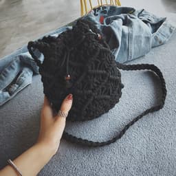 image-Women's Round Diagonal Cotton Crochet Tassel Small Bag
